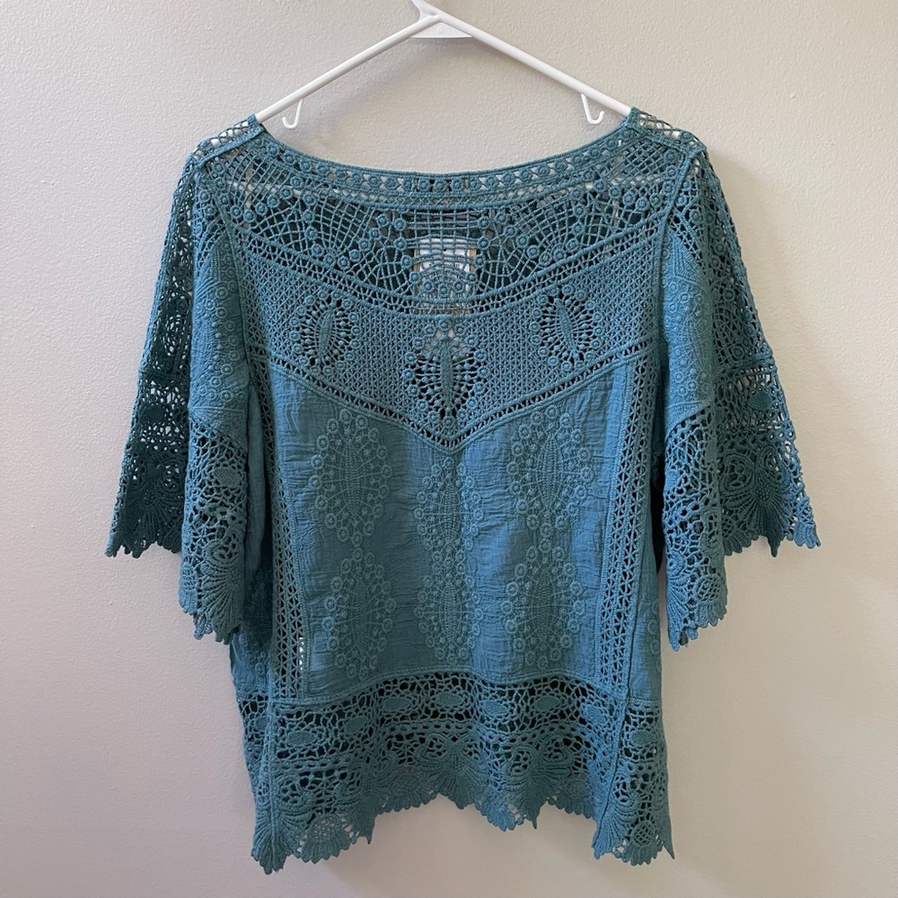 Democracy Green/Blue Crochet Cotton Boho Blouse Top Sz S - Picture 5 of 10